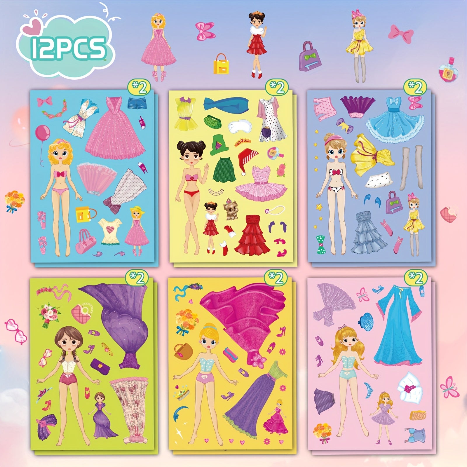 12pcs Princess Dress Up Stickers DIY Decals Self Adhesive PVC