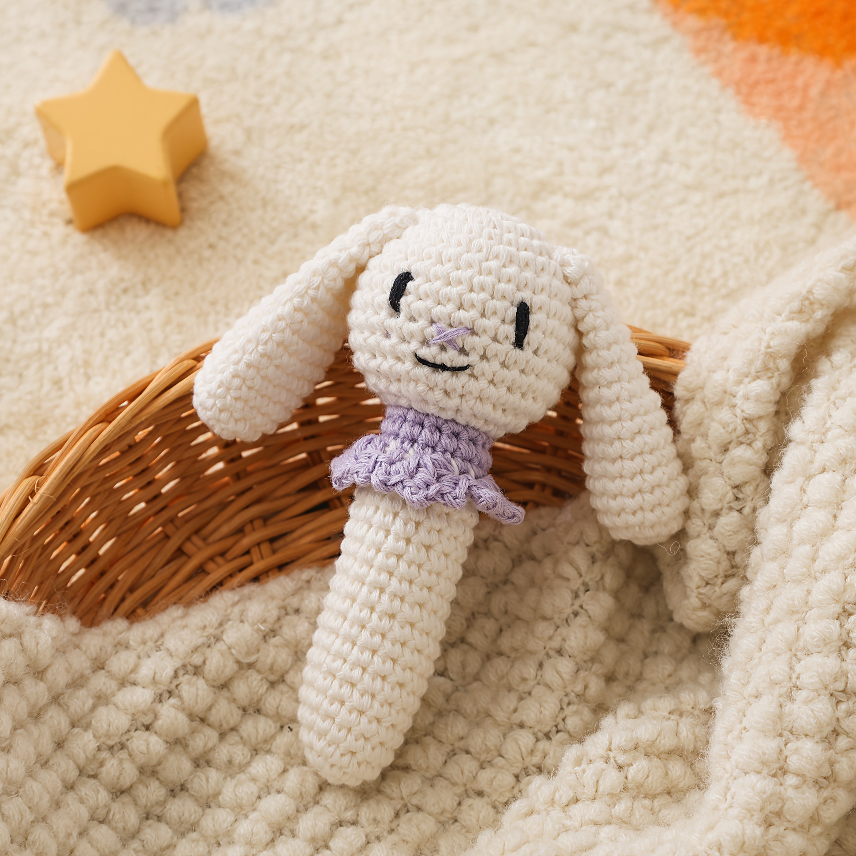 Crochet Rattle Teether Toy Knitted Animal Doll w/Bell 3D Details