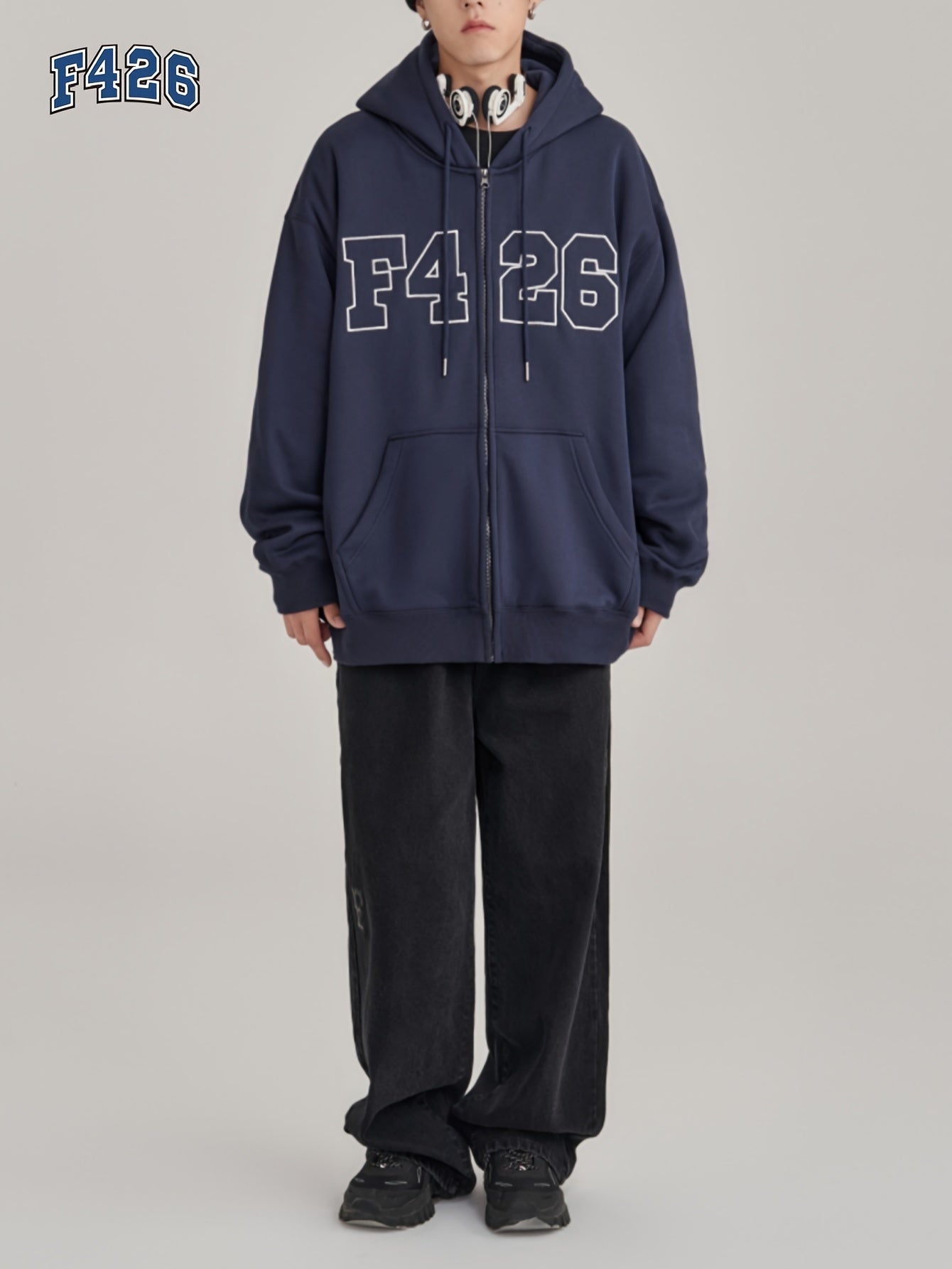 Casual Embroidery Men's Zip Up Hooded Coat