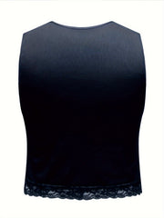  Sexy Tank Top Solid Ruched Lace Trim V Neck Medium Stretch Crop