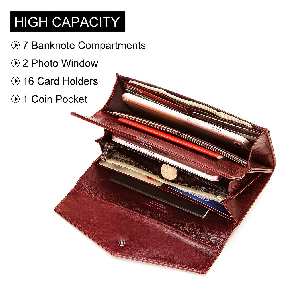 Women's Top Grain Leather RFID Long Clutch Evening Bag
