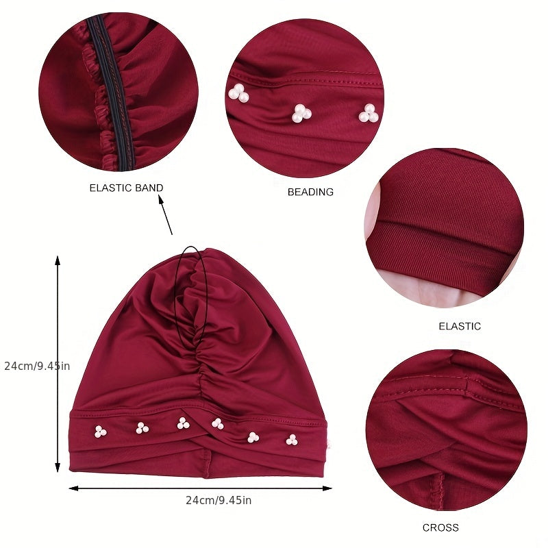 Faux Pearl Decor Turban Cap Solid Beanie Ruched Head Wrap