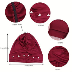 Faux Pearl Decor Turban Cap Solid Beanie Ruched Head Wrap
