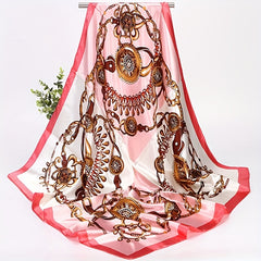 Chain Print Square Scarf Satin Block Bandana Silk Windproof Head Wrap