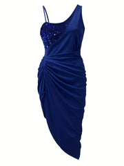 Sequined Ruched Asymmetrical Dress Sleeveless Bodycon Dress