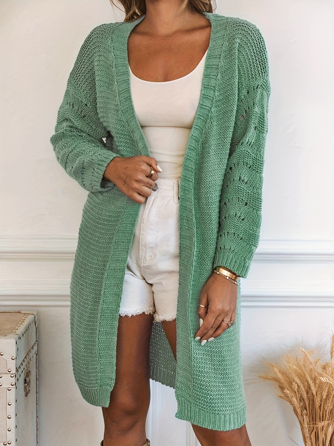  Retro Cardigan Solid Long Sleeve Open Front