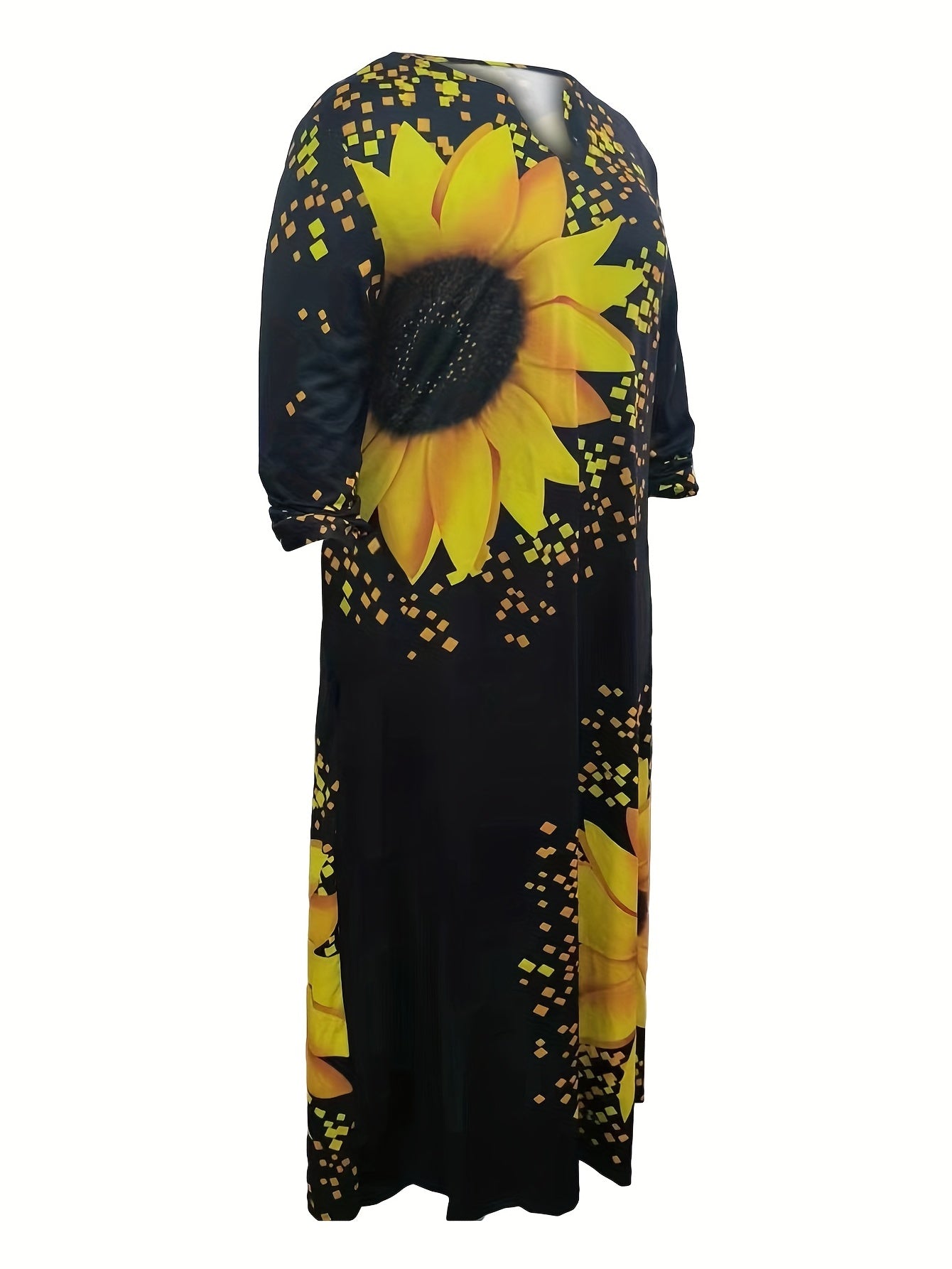  Sunflower Print Maxi Dress with Pockets