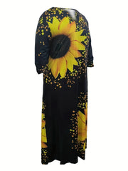  Sunflower Print Maxi Dress with Pockets