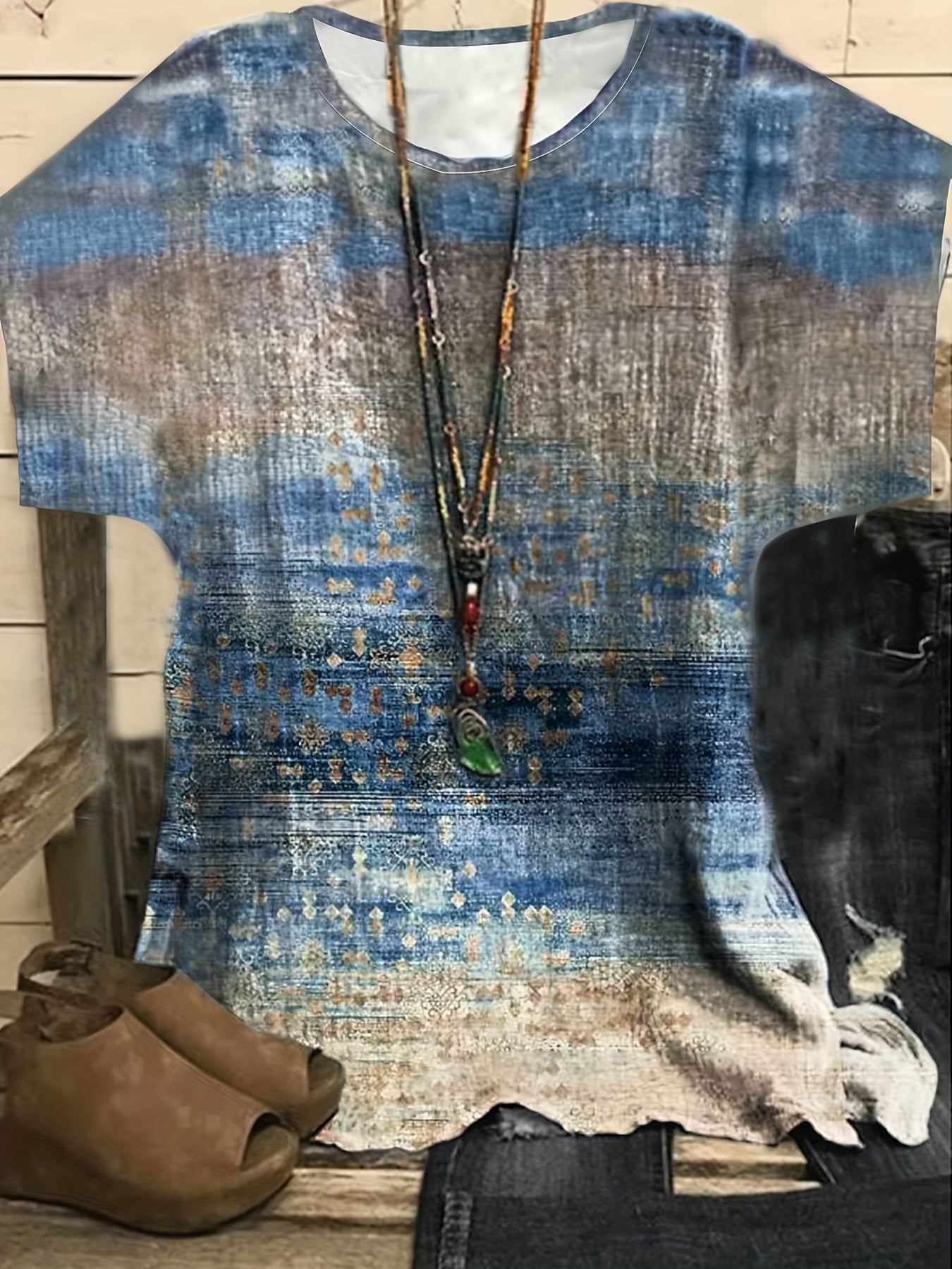  Women's Tie Dye & Geo Print Short Sleeve Blouse