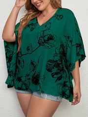  Floral Print V Neck Bat Sleeve Tunic Top