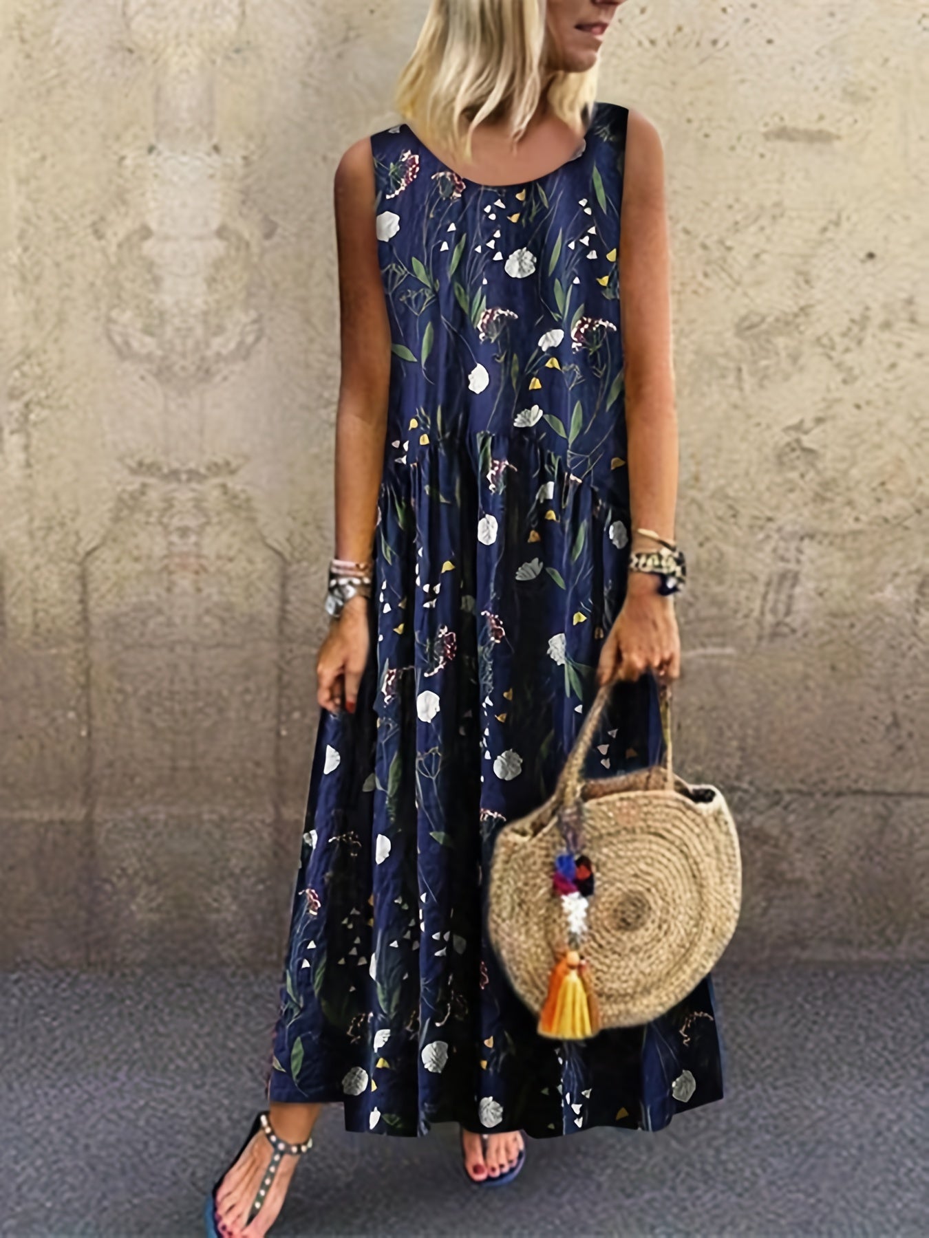  Floral Print Loose Fit Tank Maxi Dress