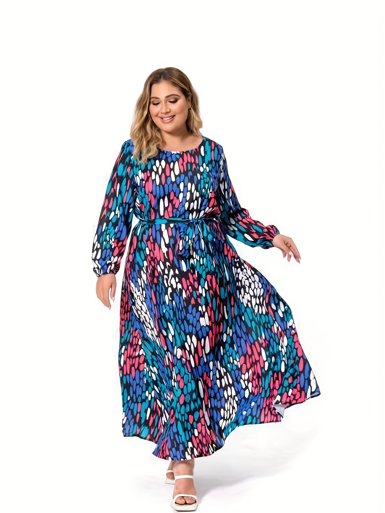  Women's Allover Print Maxi Dress With Belt