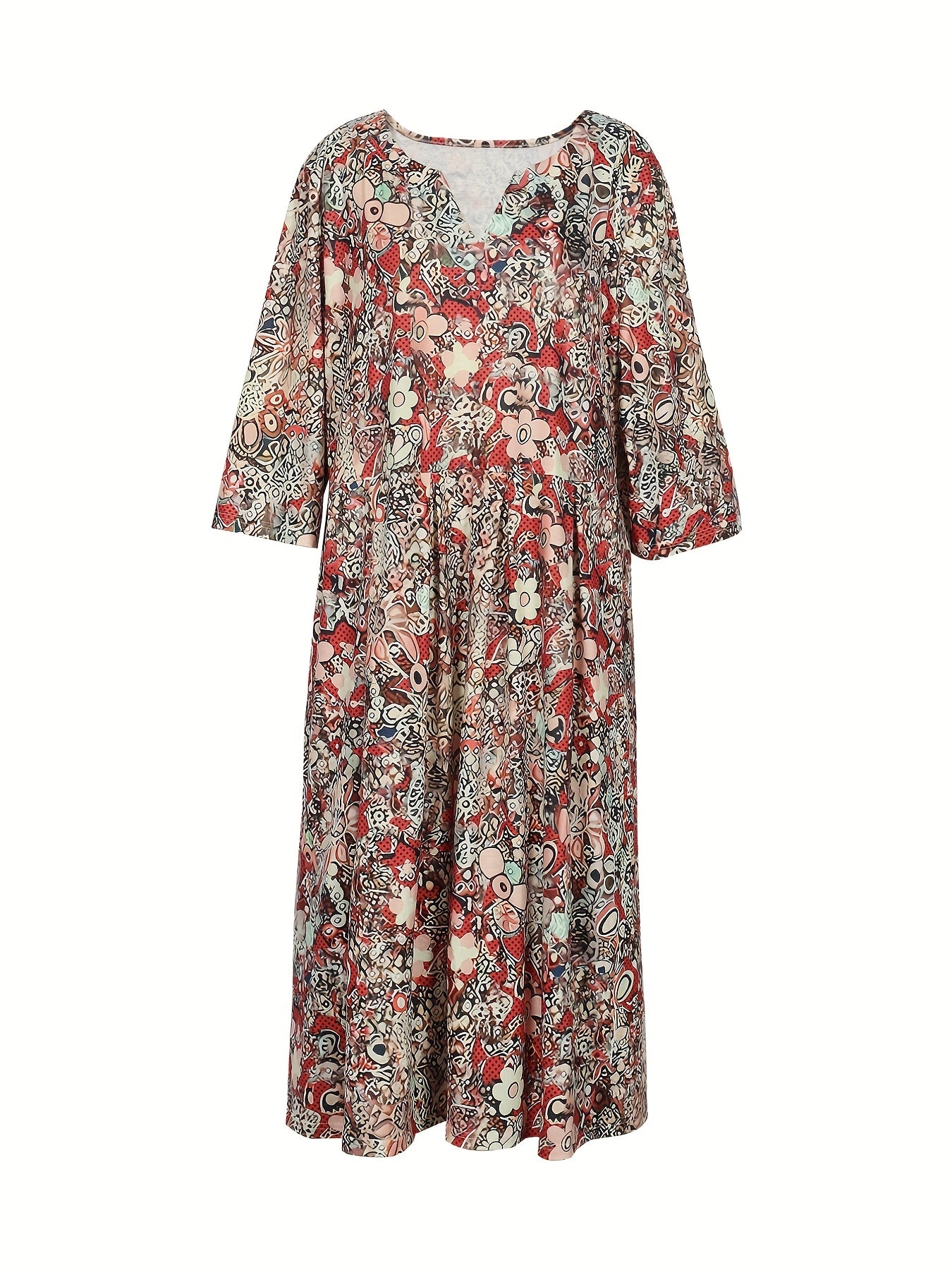  Allover Floral Print Short Sleeve Notched Neck Dress With Pockets