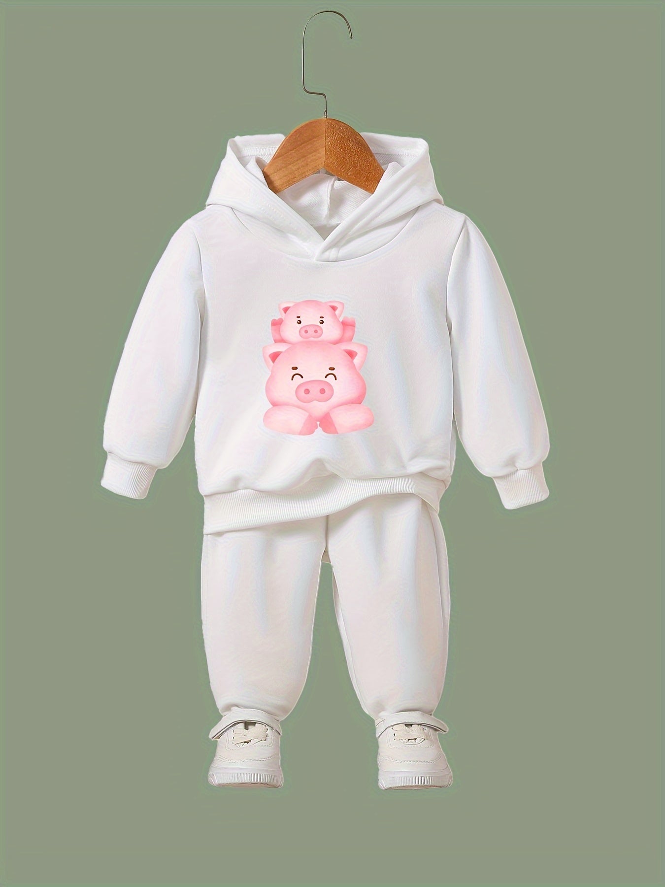 Kids 2pcs Piggy Family Print Hooded Pullover Pants Set For Spring Fall