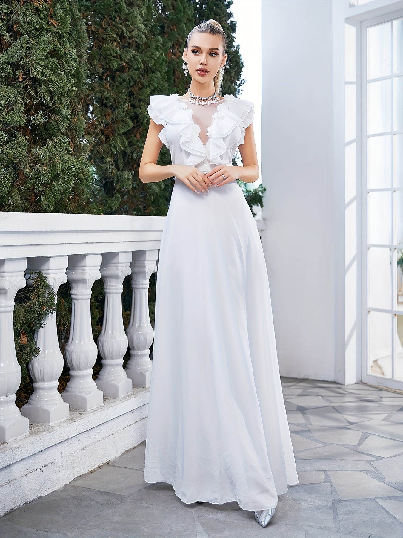 Ruffle Trim Maxi Wedding Dress Sleeveless Dress For Wedding Party