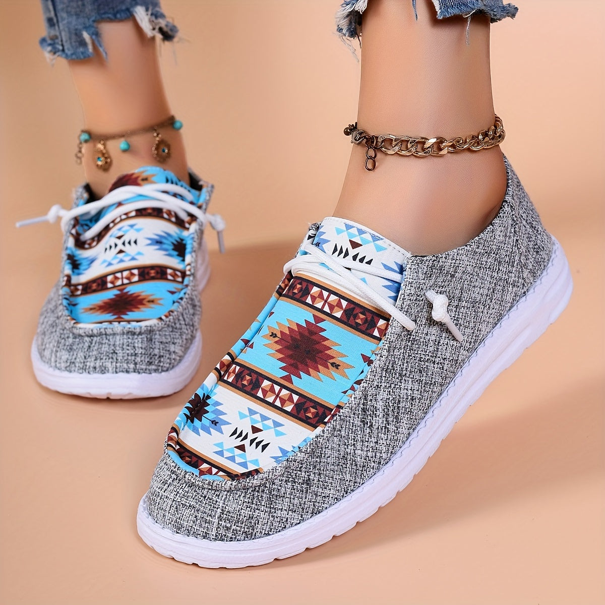 Women's Geometric Pattern Low Top Sneakers Lightweight Casual Shoes