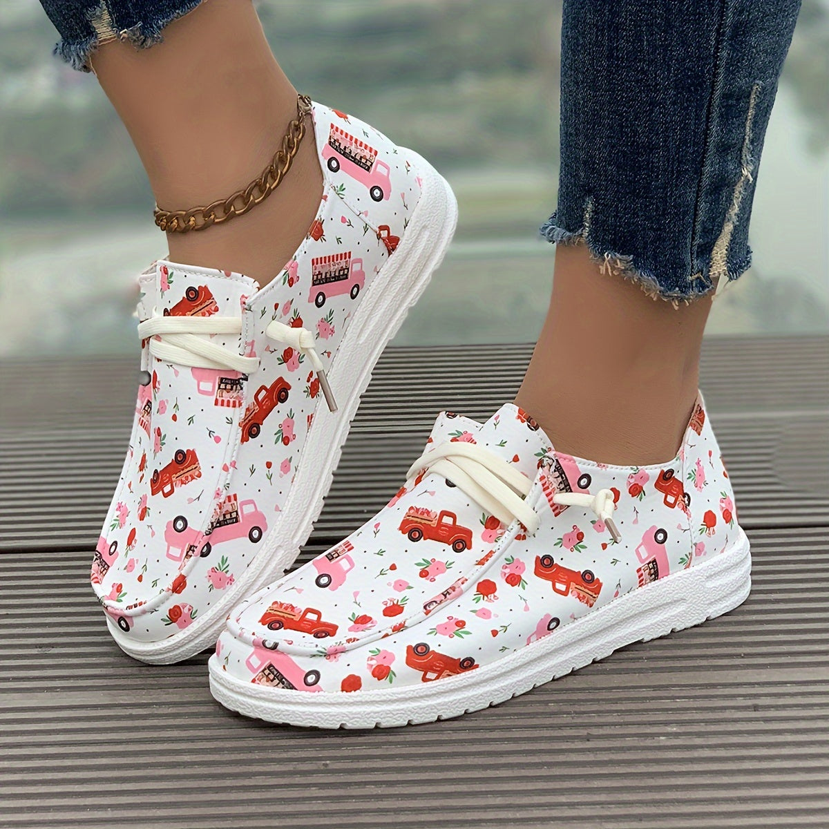 Women's Skateboard Shoes Rose Happy Truck Cartoon Flat Lace-up Canvas