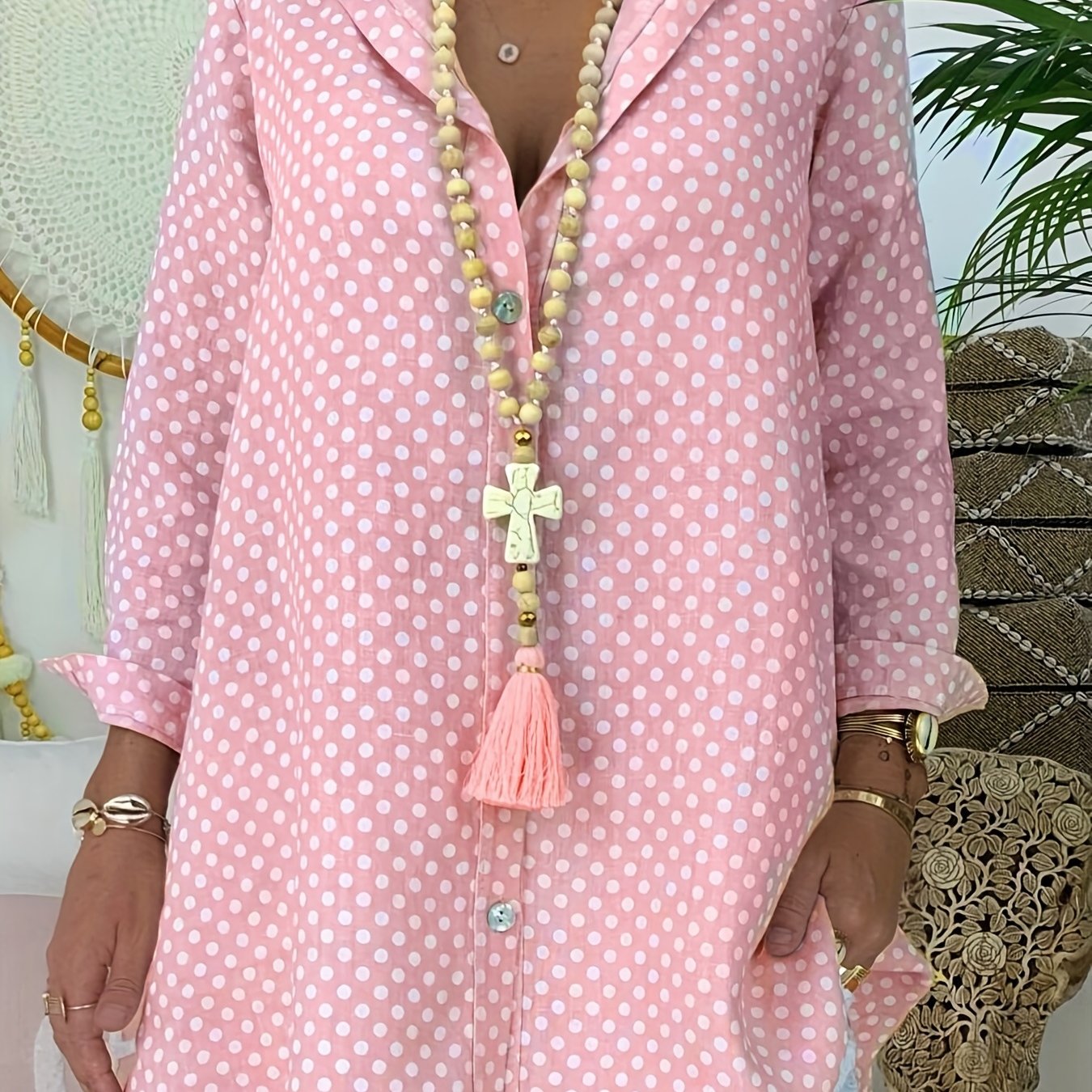  Polka Dot Print Long Sleeve Blouse