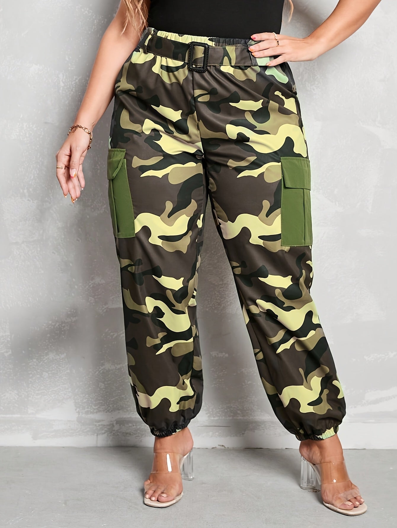  Camo High Rise Jogger Cargo Trousers with Pockets