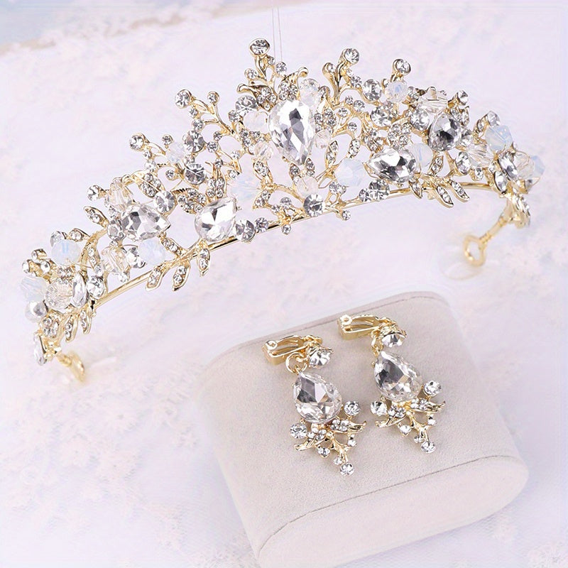Baroque Crystal Tiara & Crown with Pink Rhinestone Earrings