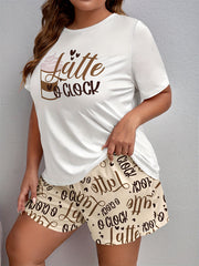  Lounge Set Women's Plus Drinks & Letter Print Tee & Shorts Pajama Set