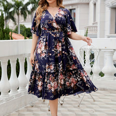 Women's Plus Floral Print Flutter Sleeve Midi Smock Dress
