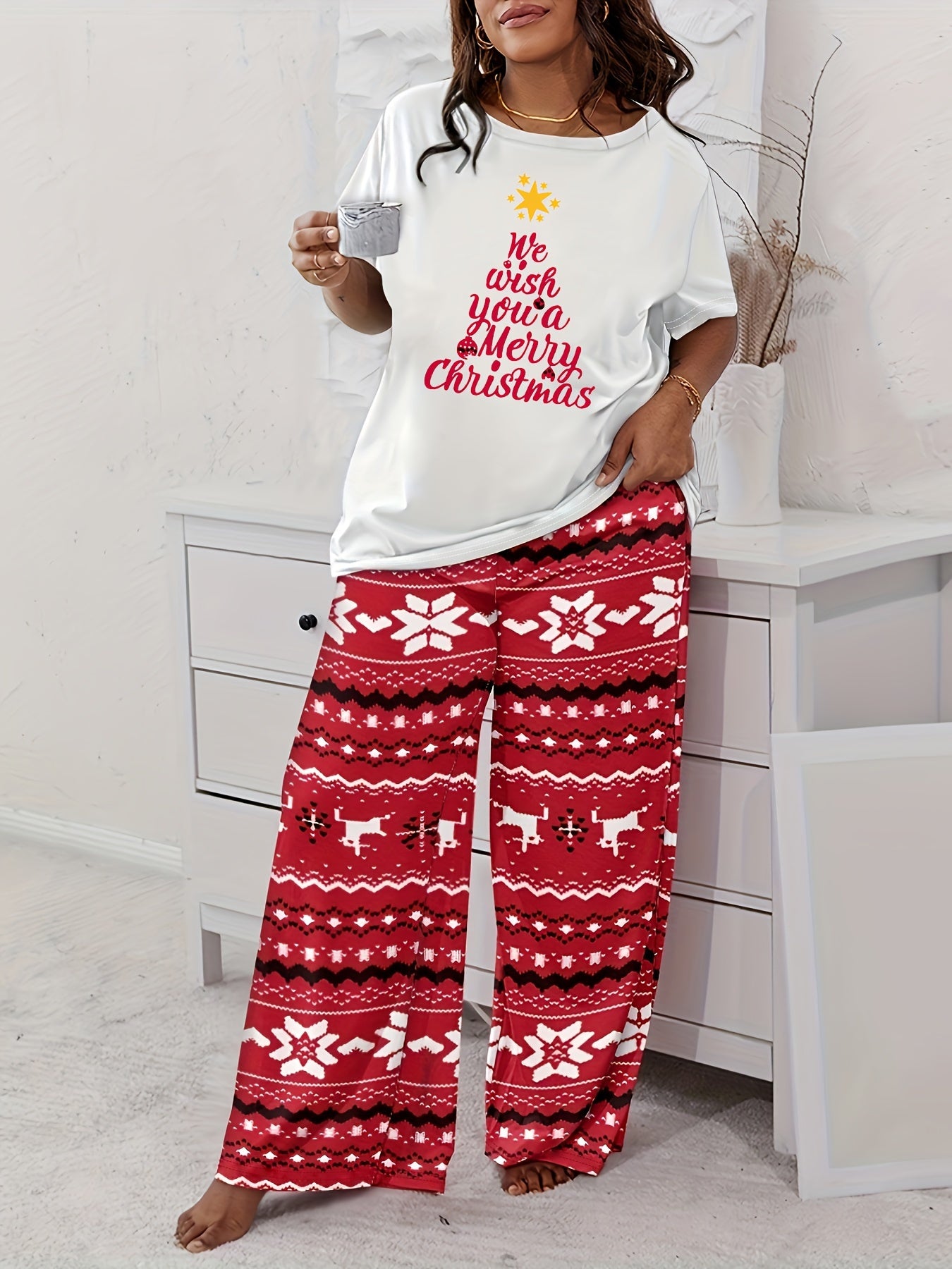  Christmas Tree Print Tee & Pants Pajama Set