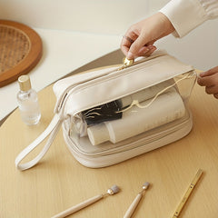 Clear Faux Leather Makeup Bag Waterproof Double Compartment Cosmetic Bag