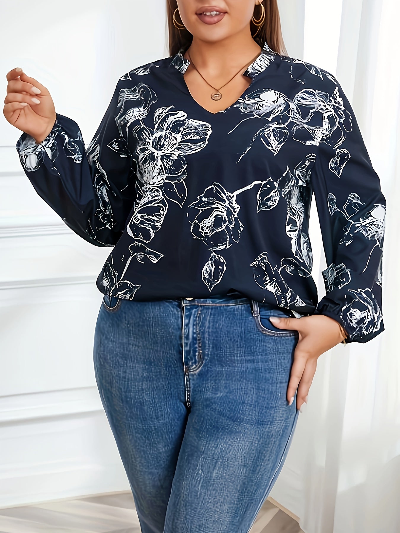  Floral Print Lantern Sleeve Tunic Top