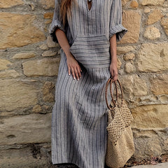  Women's Striped 3/4 Sleeve Loose Kaftan Dress With Pockets