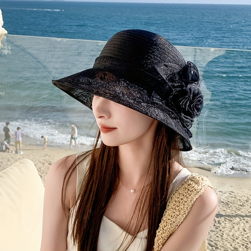 Embroidered Sun Hat Floral Decor Derby Hat Mesh Flower Bucket Hat