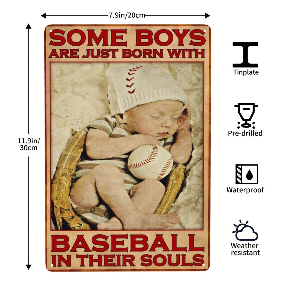 Baseball With Baby Boy Vintage Art Poster Metal Tin Sign