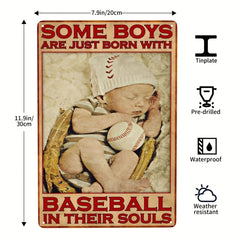 Baseball With Baby Boy Vintage Art Poster Metal Tin Sign