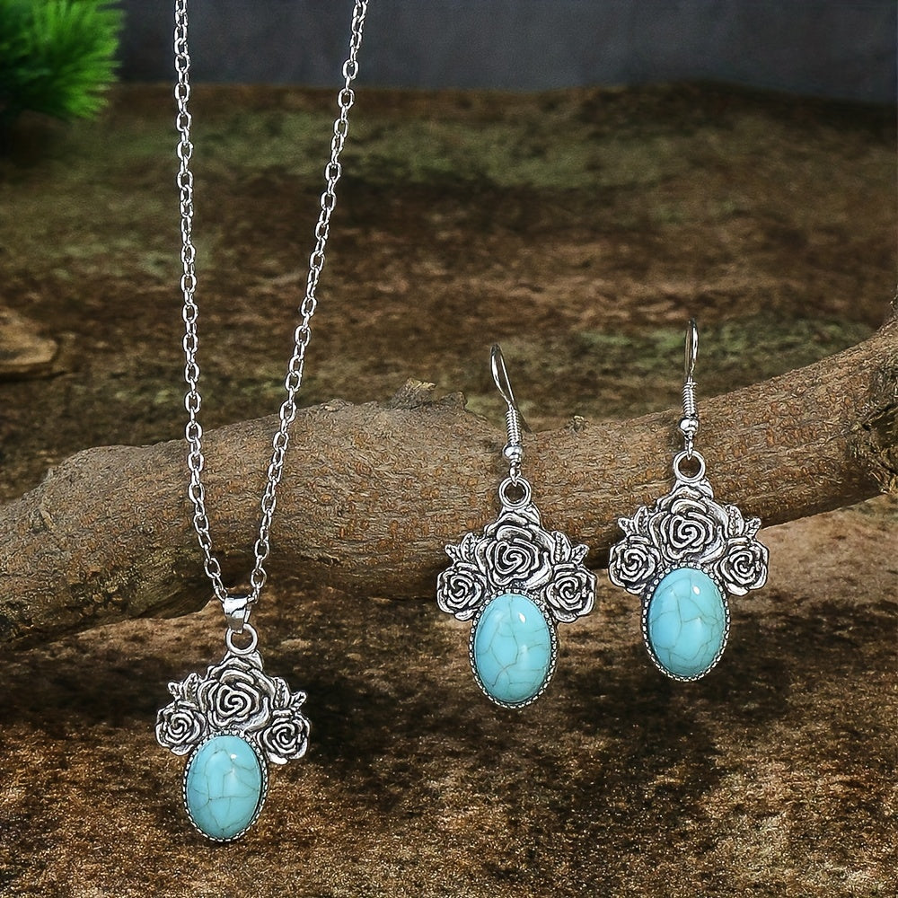 3pcs Turquoise Rose Jewelry Set Boho Style Earrings Necklace