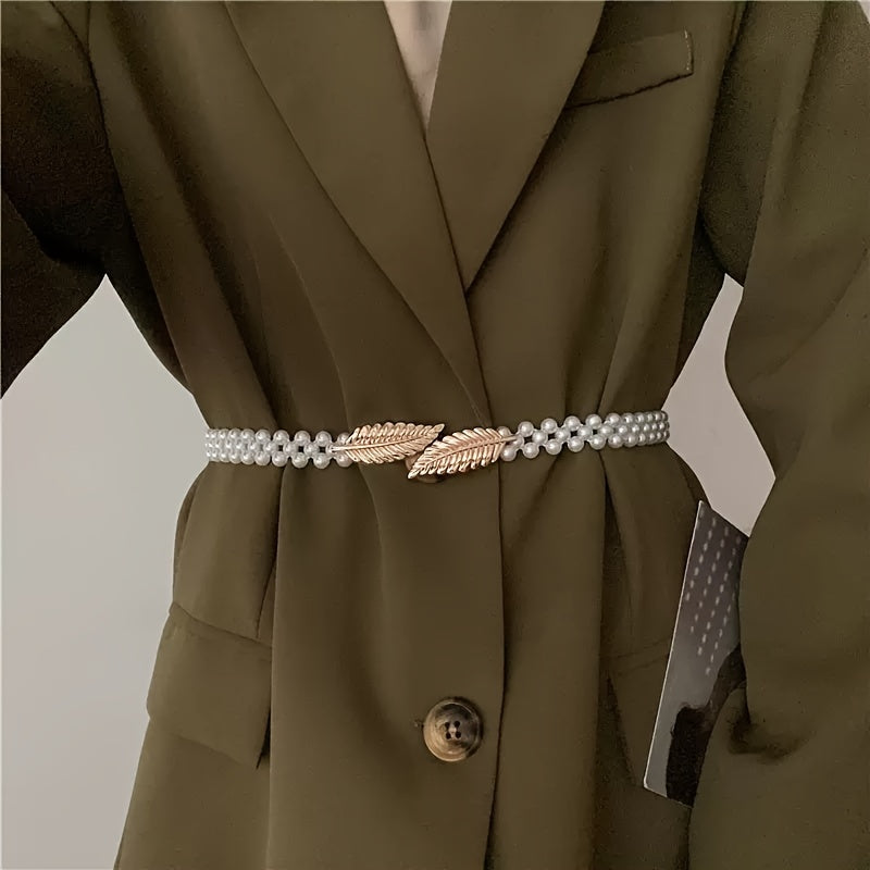Metal Leaf Elastic Pearl Waist Chain for Dress