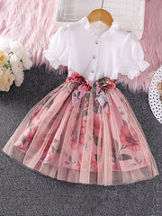 Girls Boho Flowers Print Button Up Short Sleeve Casual Dress