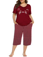  Kitten Print Pajamas Set Soft Short Sleeve T shirt & Shorts 2pcs Set