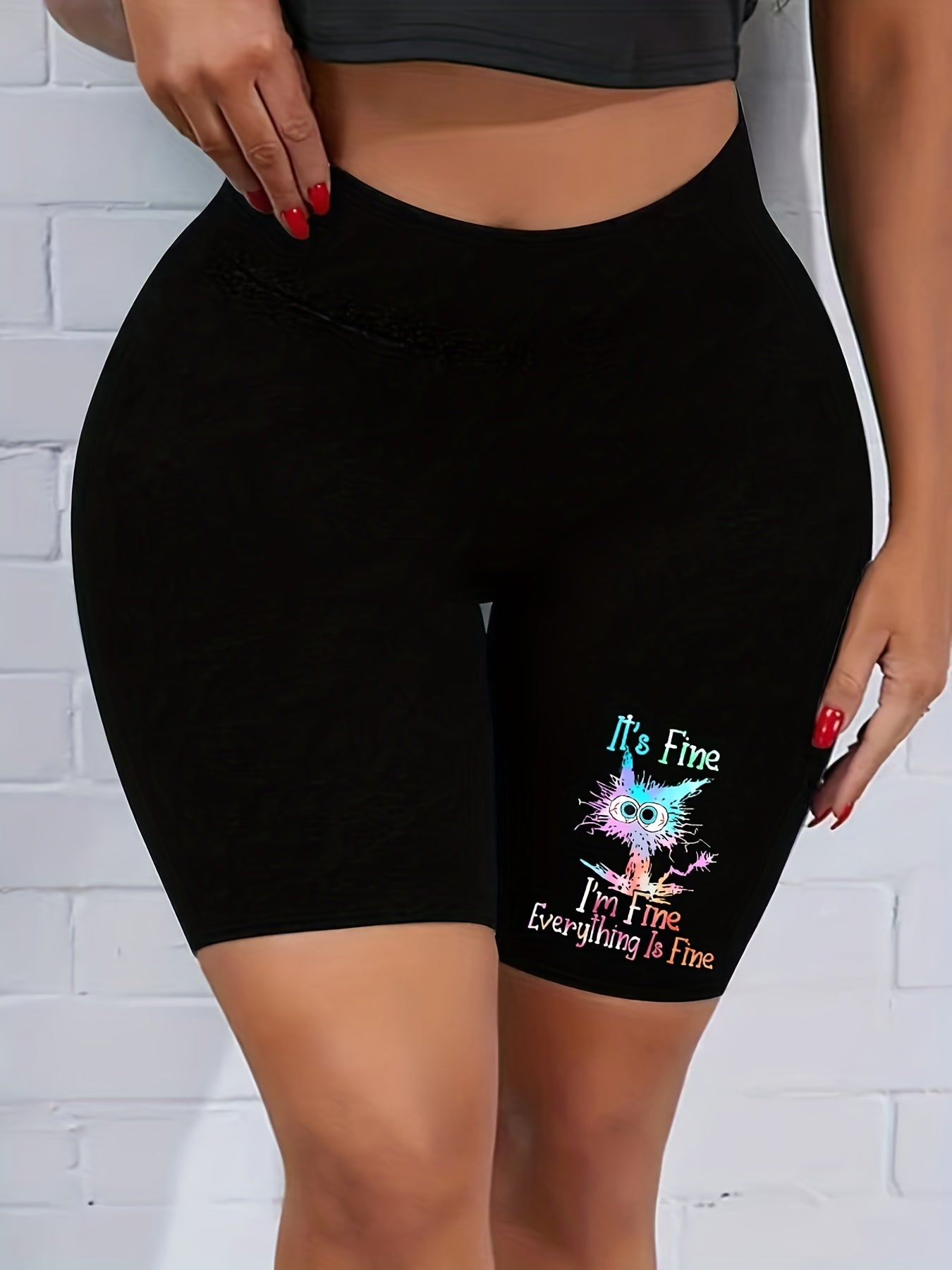  Cartoon Cat Print High Rise Skinny Shorts