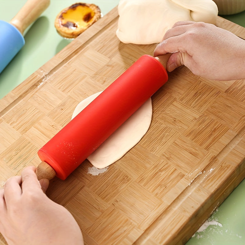 Silicone & Wood Rolling Pin Non Stick Dough Roller Kitchen Utensil