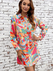  Colorblock Geo Print Long Sleeve Shirt Dress