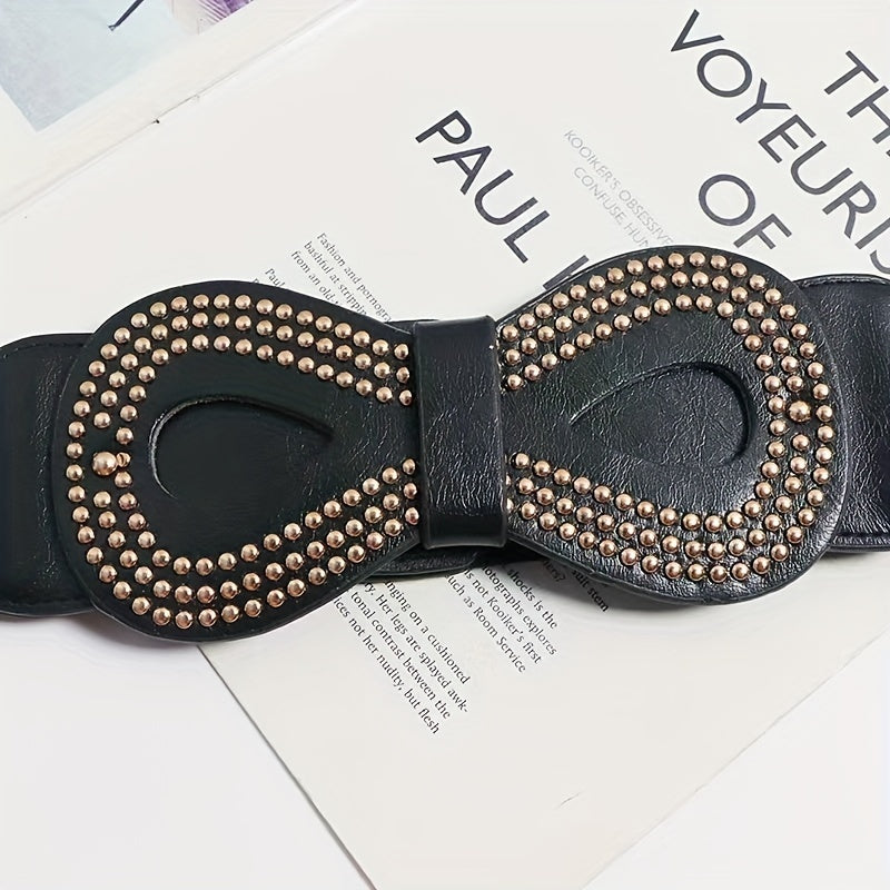 Vintage 8 Shaped Rivet Buckle Belt Elastic PU Leather Wide Belt