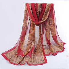 Boho Vintage Print Chiffon Silk Scarf - Summer Beach Towel Shawl