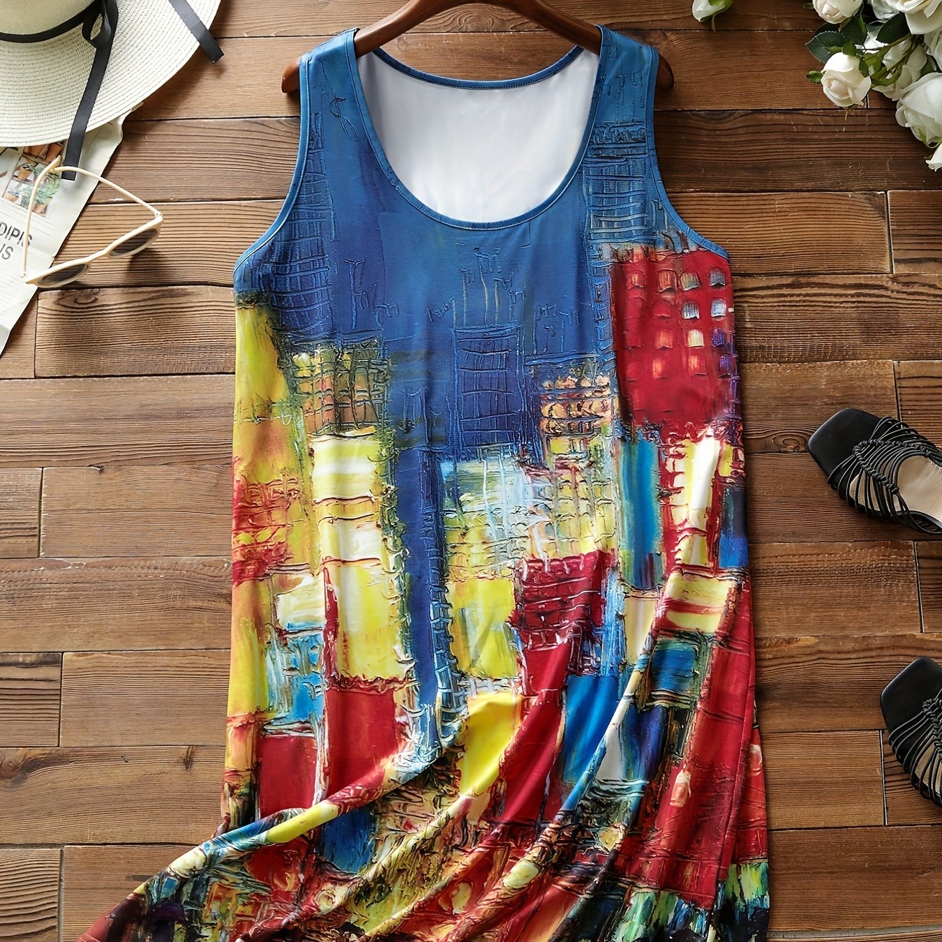  Casual Tank Dress Women's Plus Painting Print Round Neck High Stretch