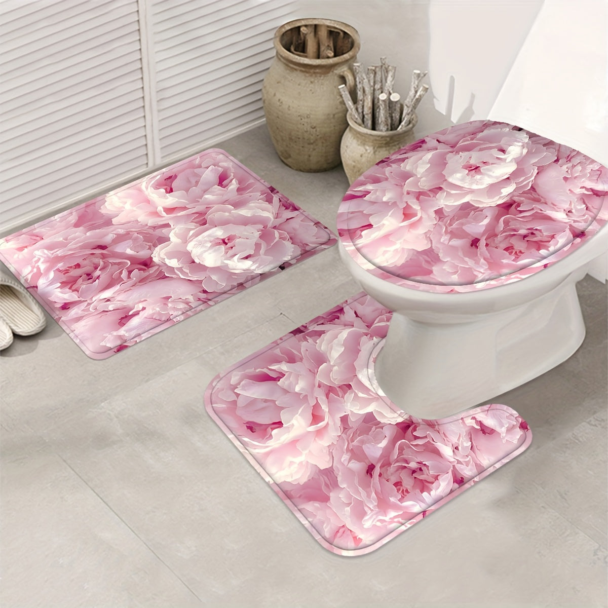 4pcs Pink Flowers Shower Curtain Waterproof Bathroom Decor Set