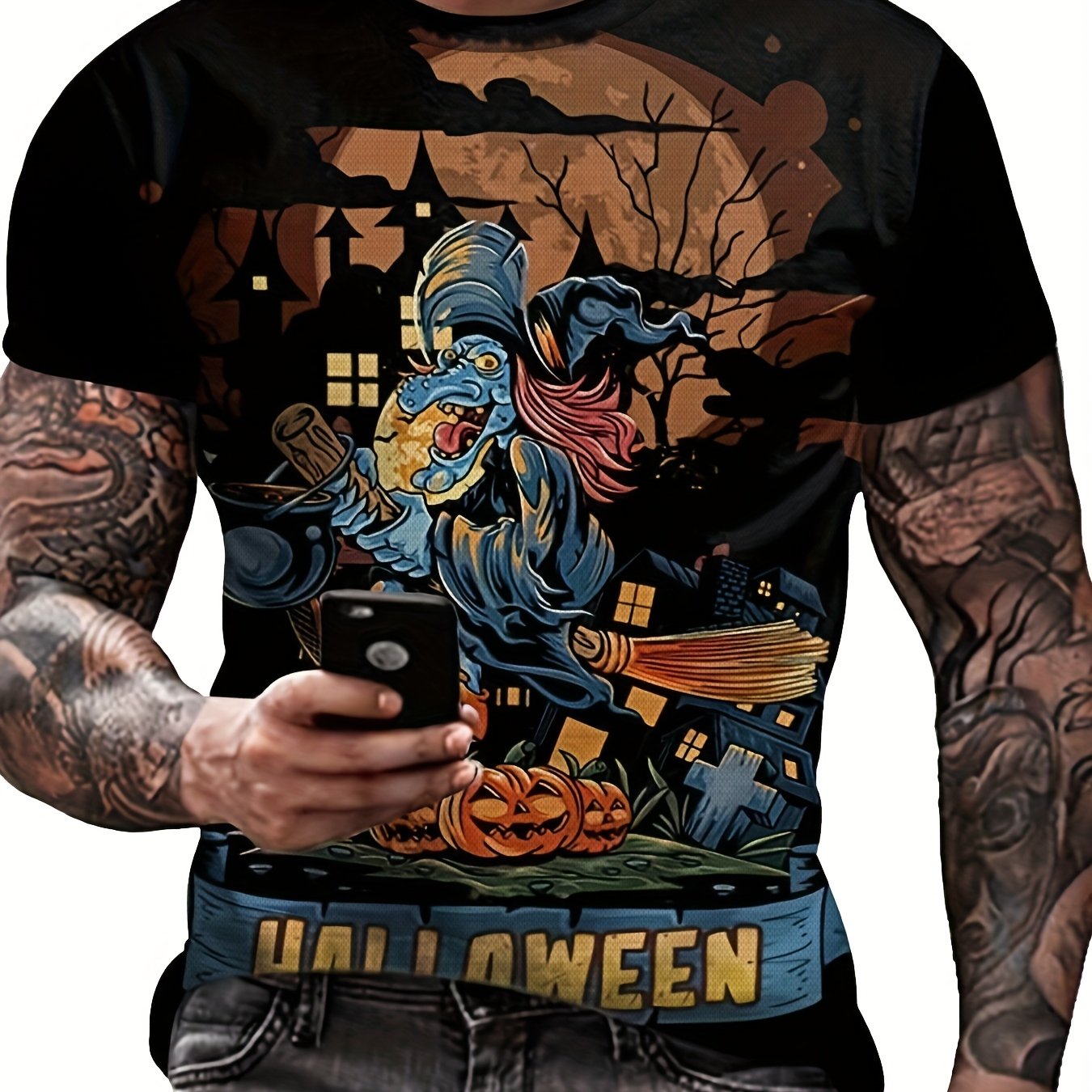 Men's Cartoon Witch T Shirt 3D Print Casual Tee For Halloween