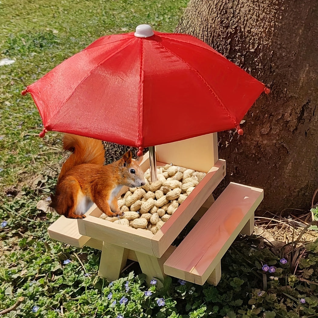 Wooden Squirrel Feeder Picnic House with Umbrella for Outdoor Garden