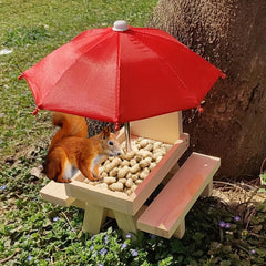 Wooden Squirrel Feeder Picnic House with Umbrella for Outdoor Garden
