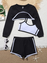 3Pcs Girls Swimsuit Set Cropped Long Sleeve Top Cami Top Shorts Bathing Suit Set