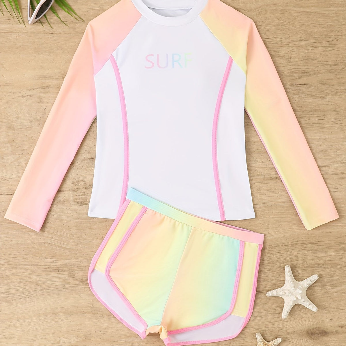 Tie Dye Swimwear Set 2pcs Girls Gradient Long Sleeve Top Shorts Set