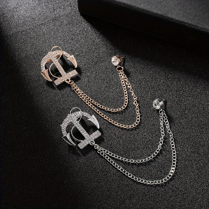 Men's Navy Artificial Diamond Anchor Brooch Coat Pin